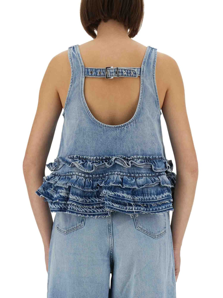 GANNI Organic Cotton Denim Top with Ruffles and Thin Straps - FW25