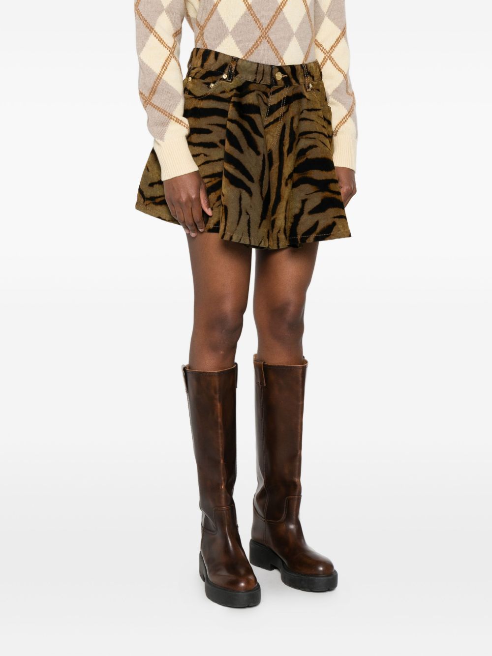 GANNI Mini Skirt with Tiger Print and Front Pockets