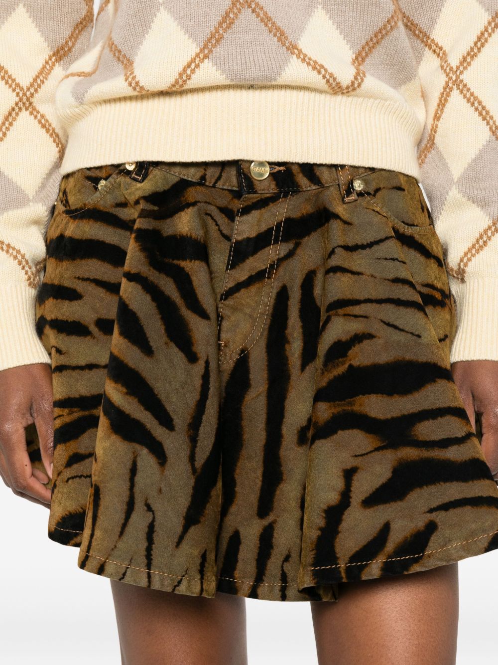 GANNI Mini Skirt with Tiger Print and Front Pockets