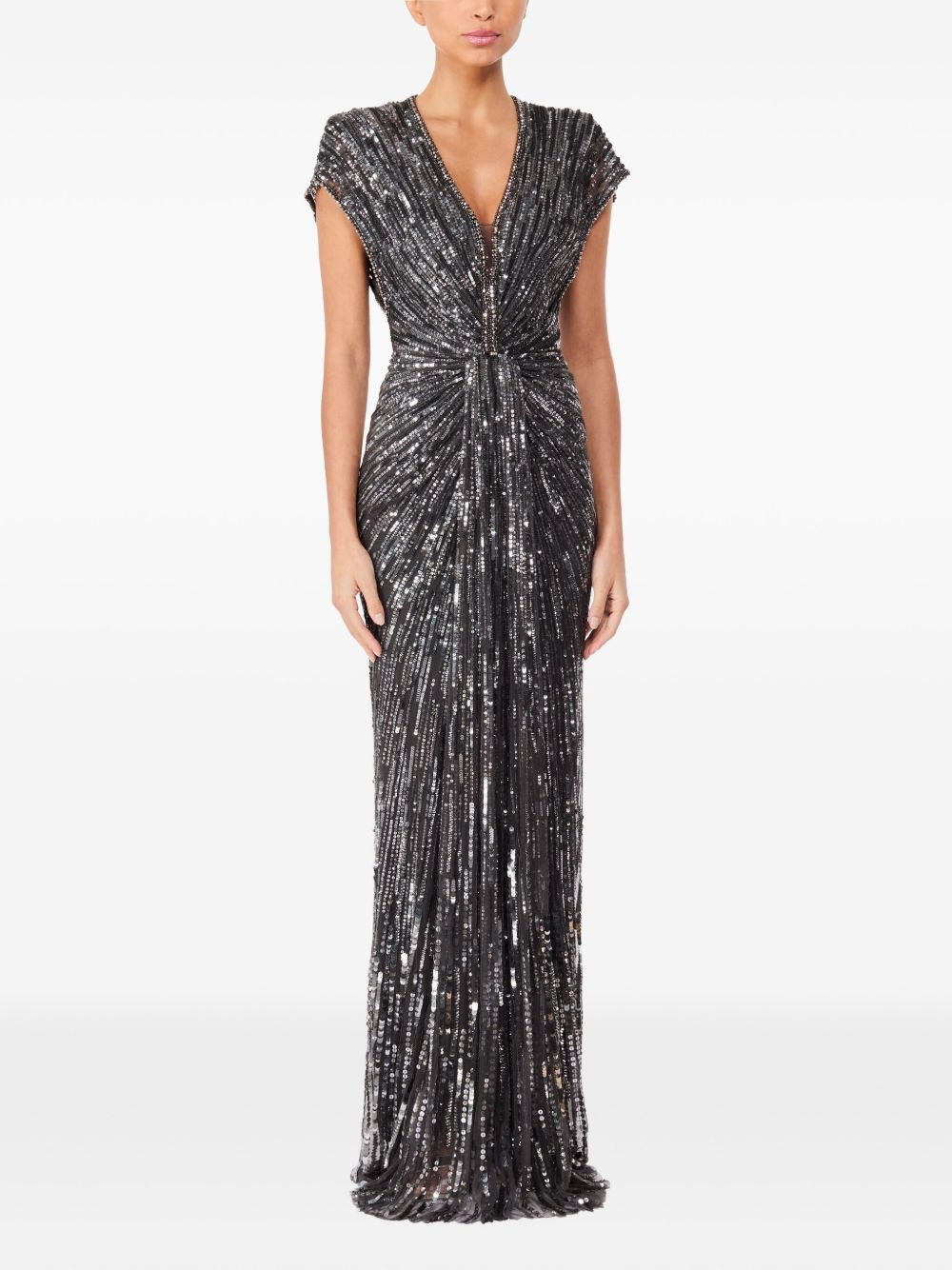 JENNY PACKHAM Elegant V-Neck Long Dress with Torchón Detail