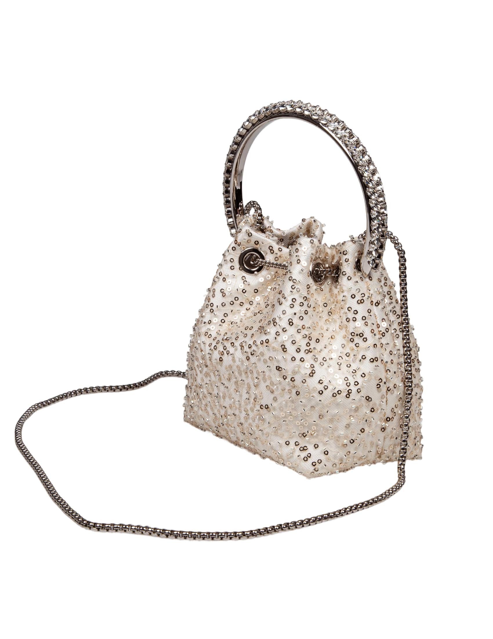JIMMY CHOO Mini Satin Handbag with Crystal-Embellished Handle and Tassel Closure