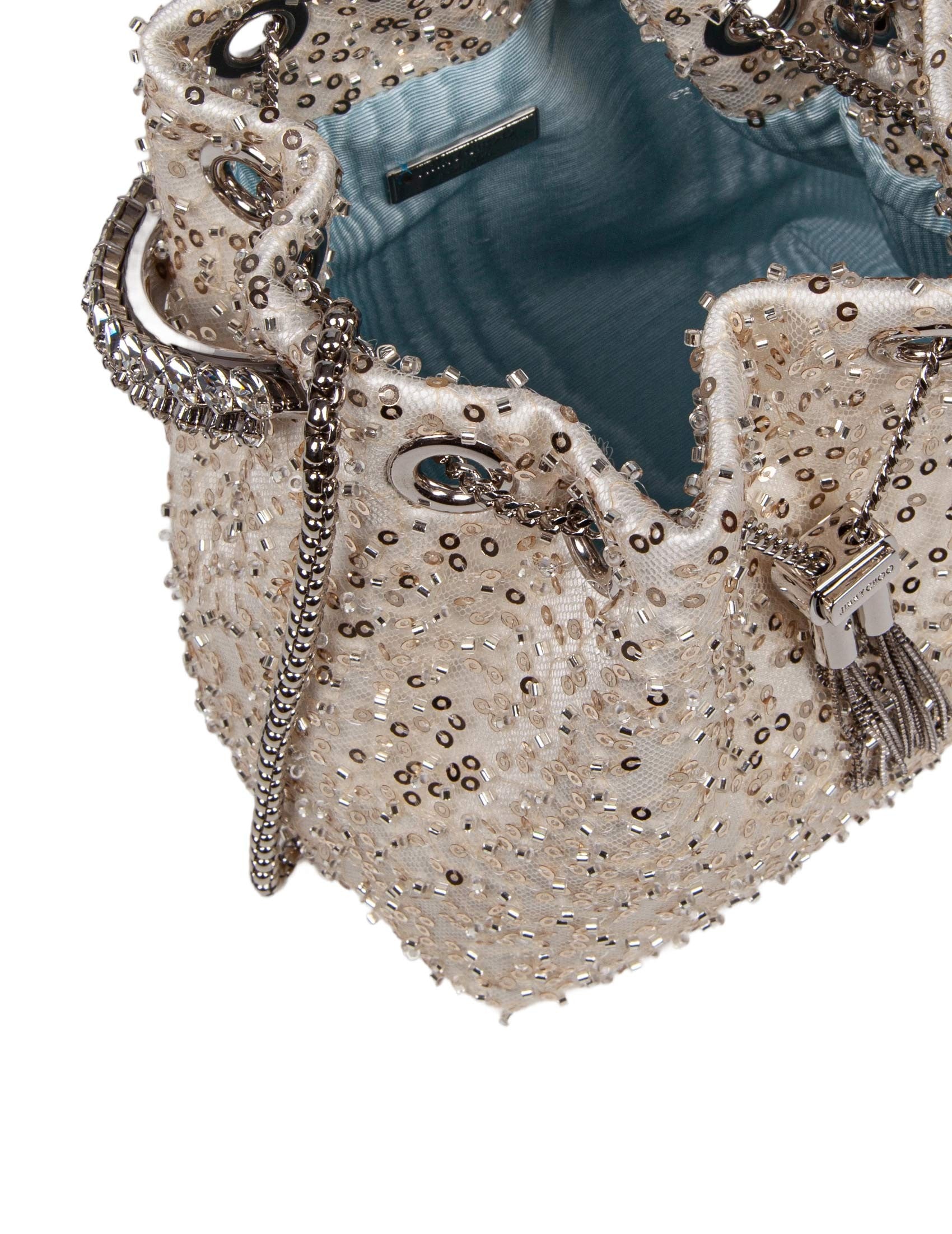 JIMMY CHOO Mini Satin Handbag with Crystal-Embellished Handle and Tassel Closure