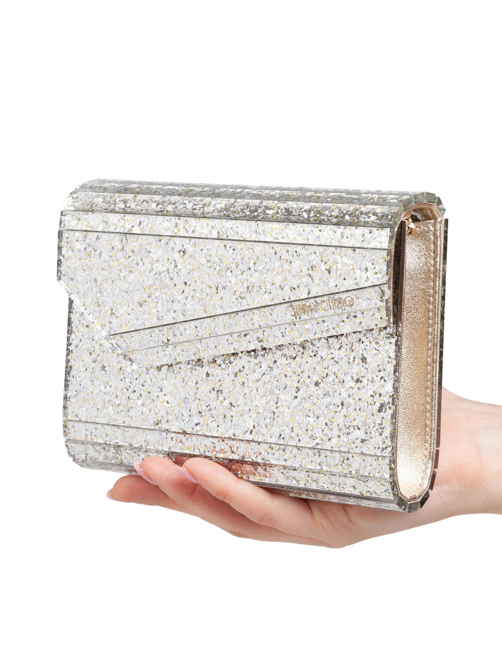 JIMMY CHOO Mini Glitter Clutch Handbag with Asymmetric Flap
