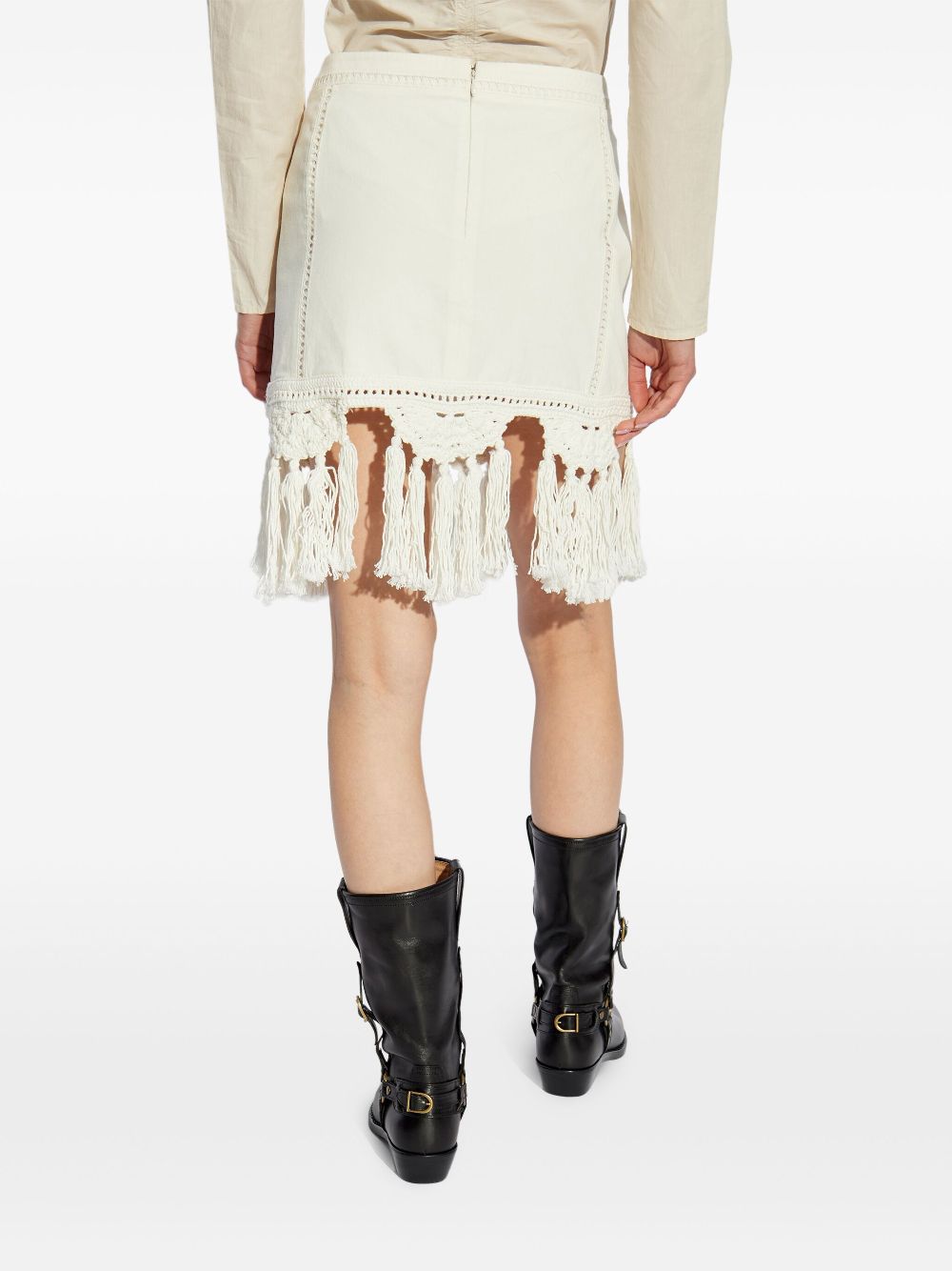 ISABEL MARANT Stylish Cotton Mini Skirt with Macramé and Fringe Details