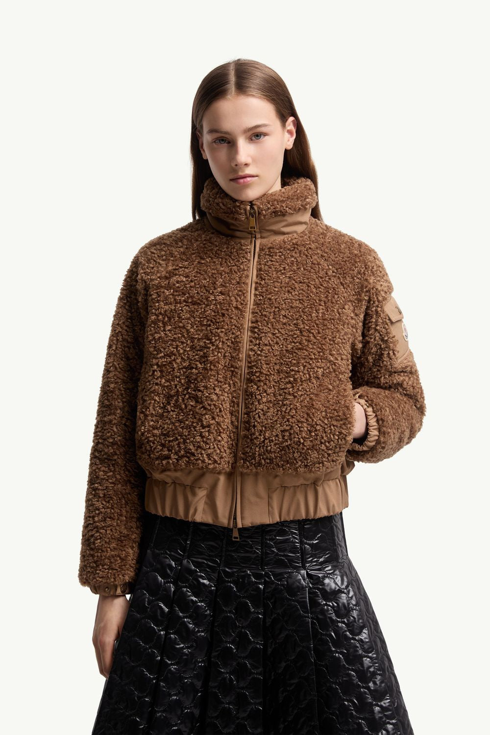 MONCLER Cropped Teddy Effect Fleece Down Jacket - Size 01