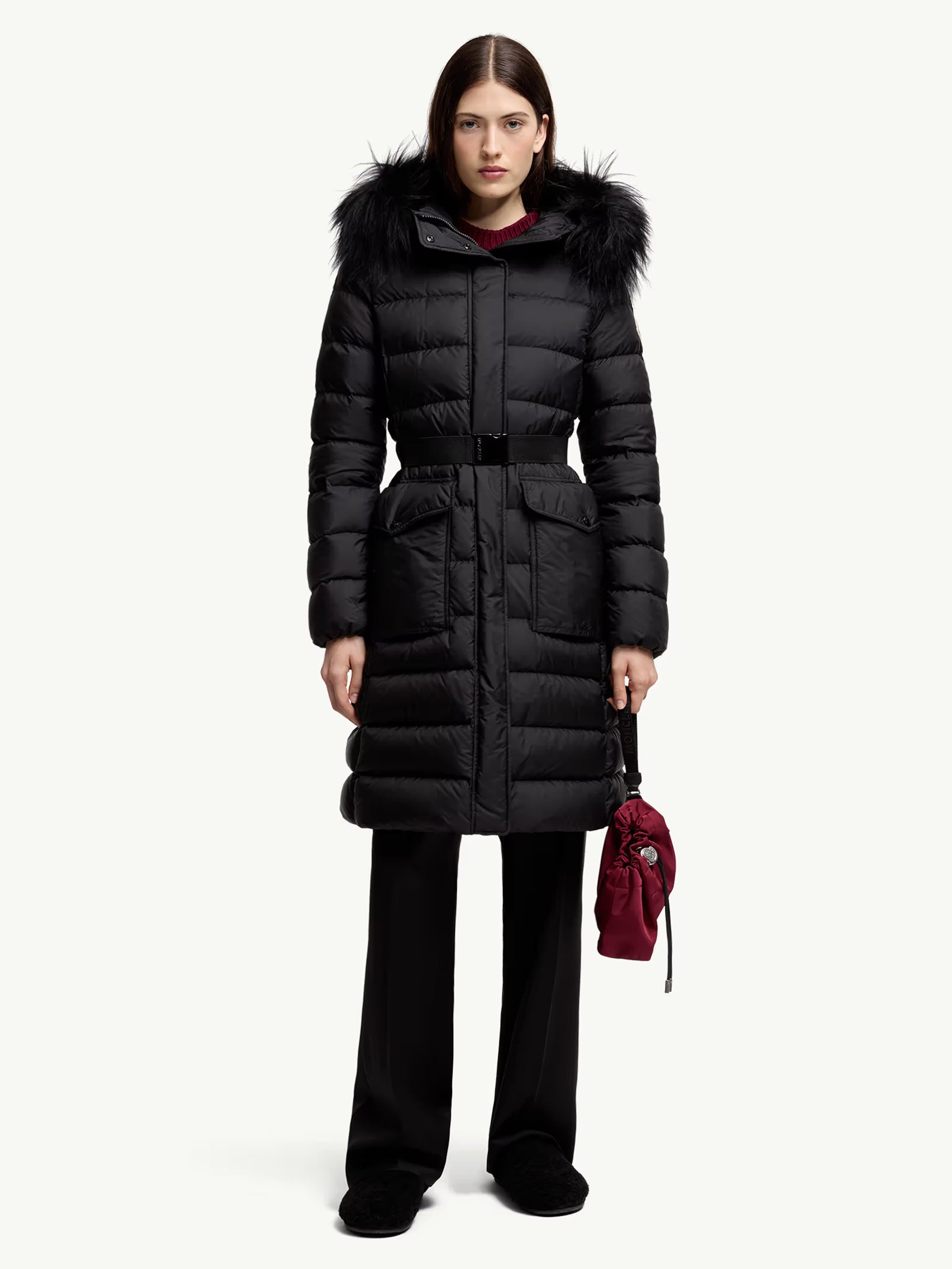 MONCLER Women’s Long Down Jacket with Hood and Shearling Hem - Size 1