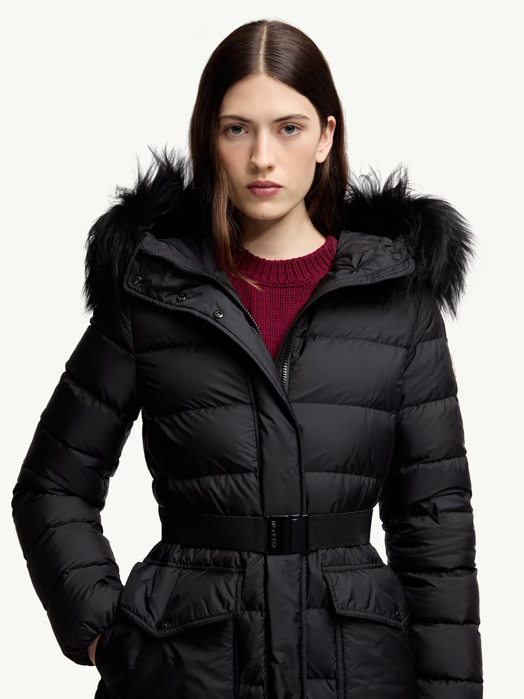MONCLER Women’s Long Down Jacket with Hood and Shearling Hem - Size 1