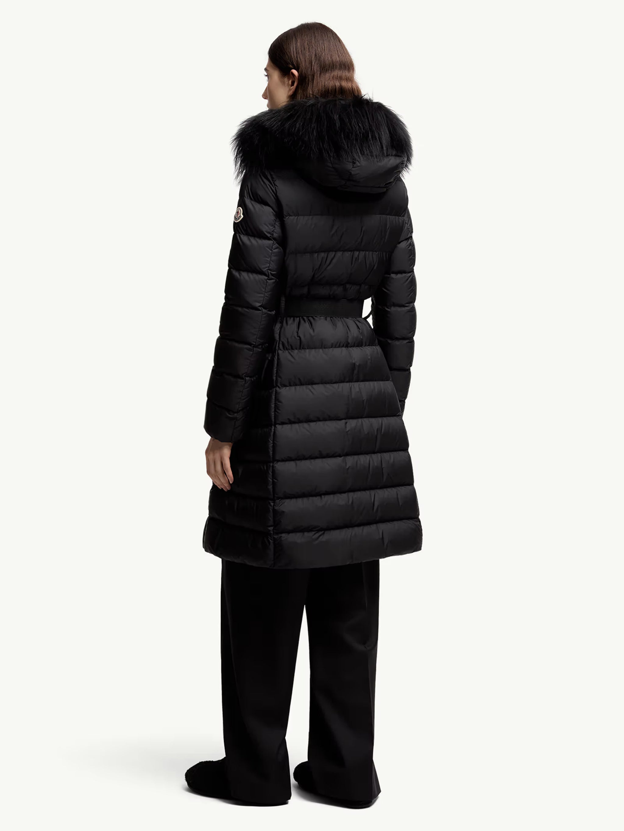 MONCLER Women’s Long Down Jacket with Hood and Shearling Hem - Size 1