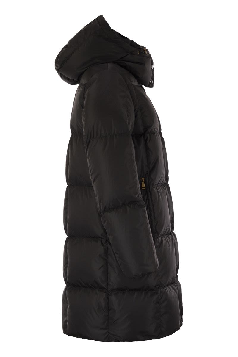 MONCLER Mini Long Down Jacket with Square Quilting and Hood