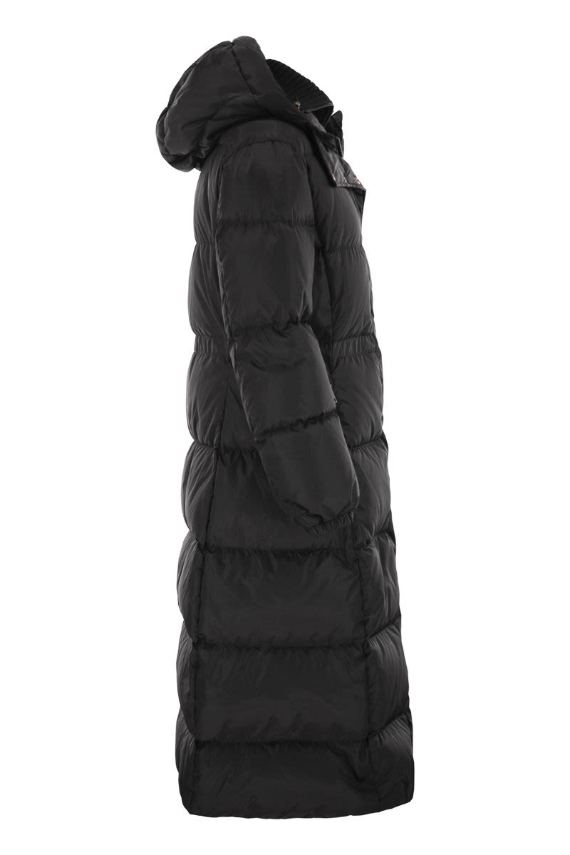 MONCLER Long Down Jacket with Hood and Wool Trim for Women