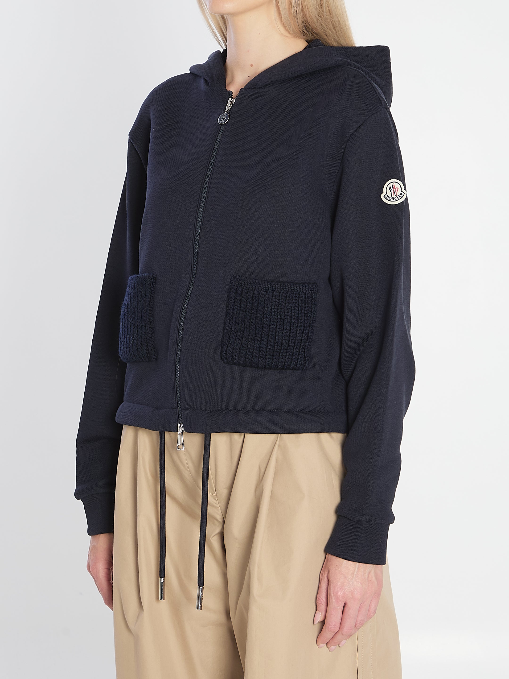 MONCLER Knit Accent Cotton Zip-Up Hoodie - Size S