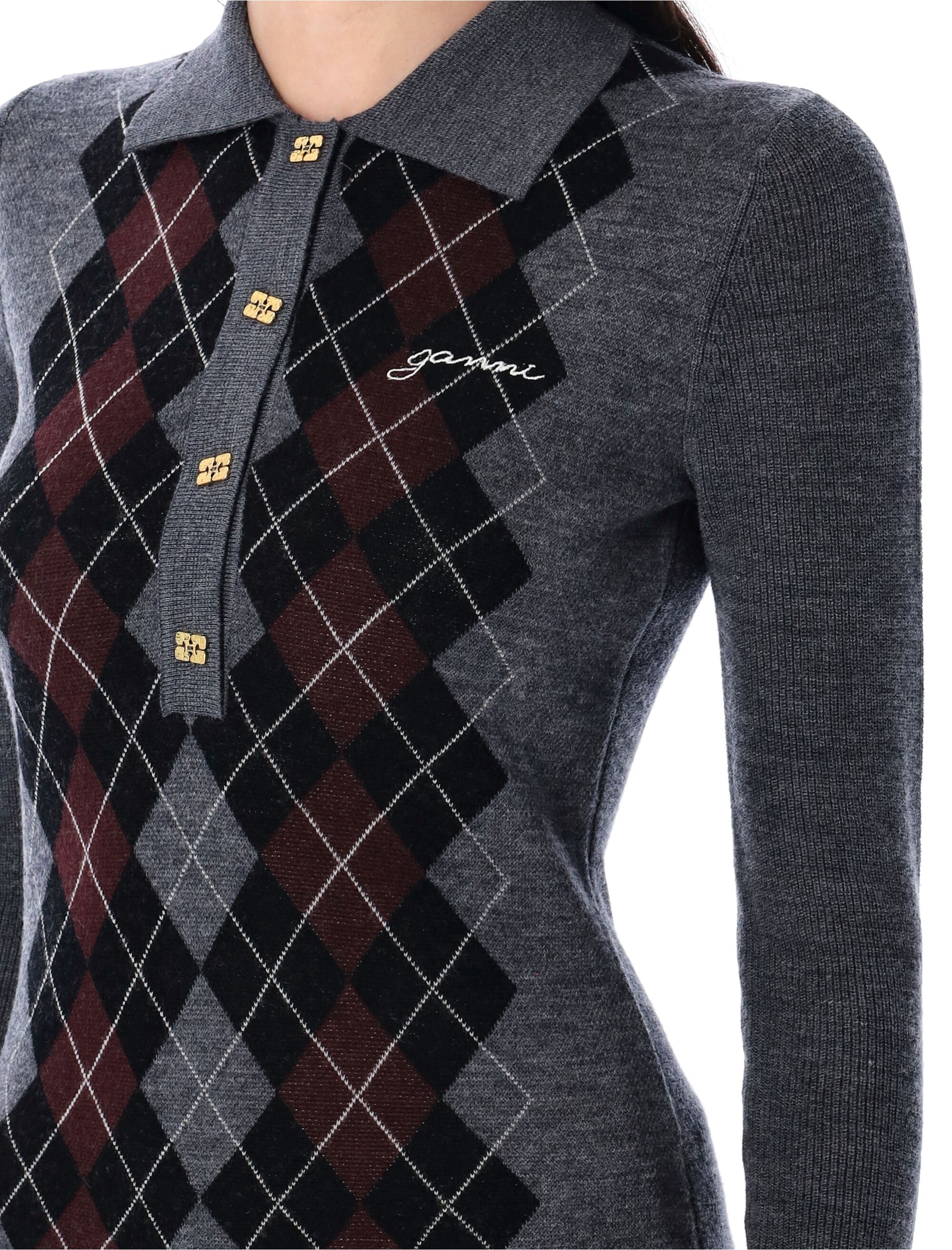 GANNI Knit Polo Argyle Sweater