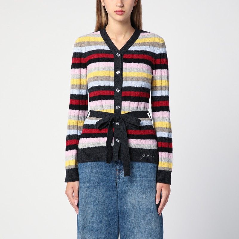 GANNI Multicolored Striped Cardigan with Belt - Women's
