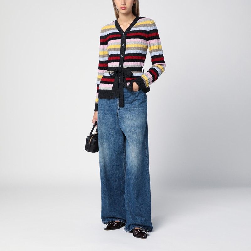 GANNI Multicolored Striped Cardigan with Belt - Women's