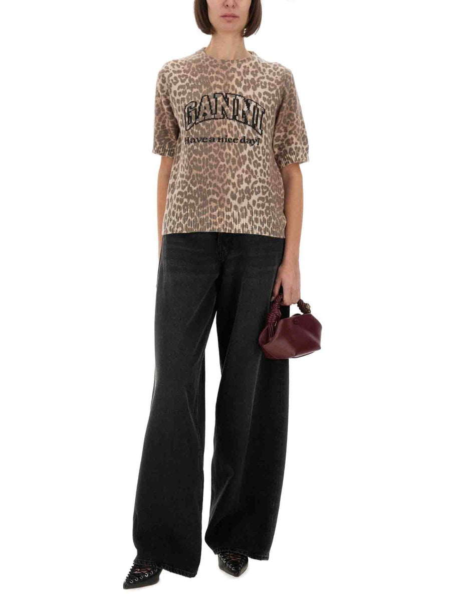 GANNI Intarsia Knit Logo T-Shirt with Leopard Print (Women)