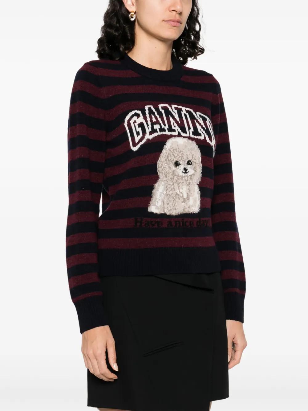 GANNI Striped Crewneck Sweater with Dog Logo