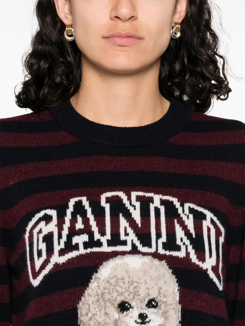 GANNI Striped Crewneck Sweater with Dog Logo