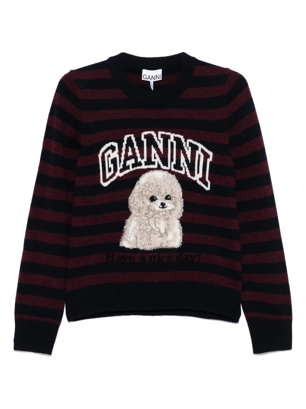 GANNI Striped Crewneck Sweater with Dog Logo