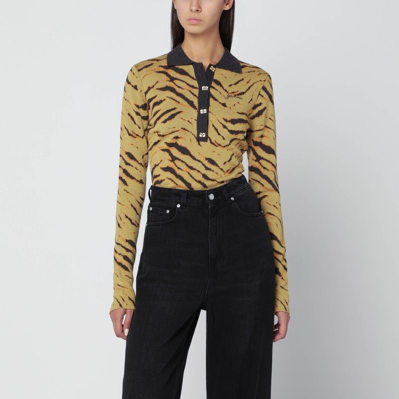 GANNI Zebraprint Long Sleeve Polo Shirt for Women