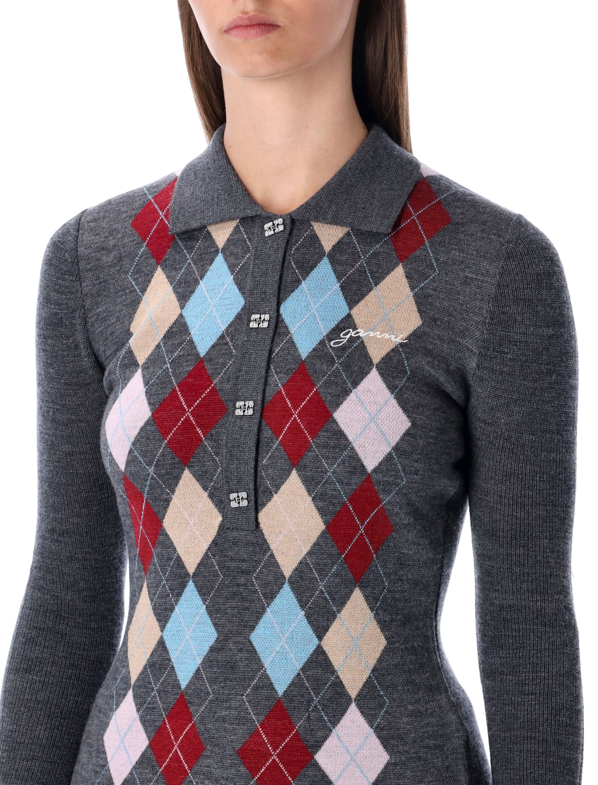 GANNI Knit Polo Wool with Argyle Pattern - Size S