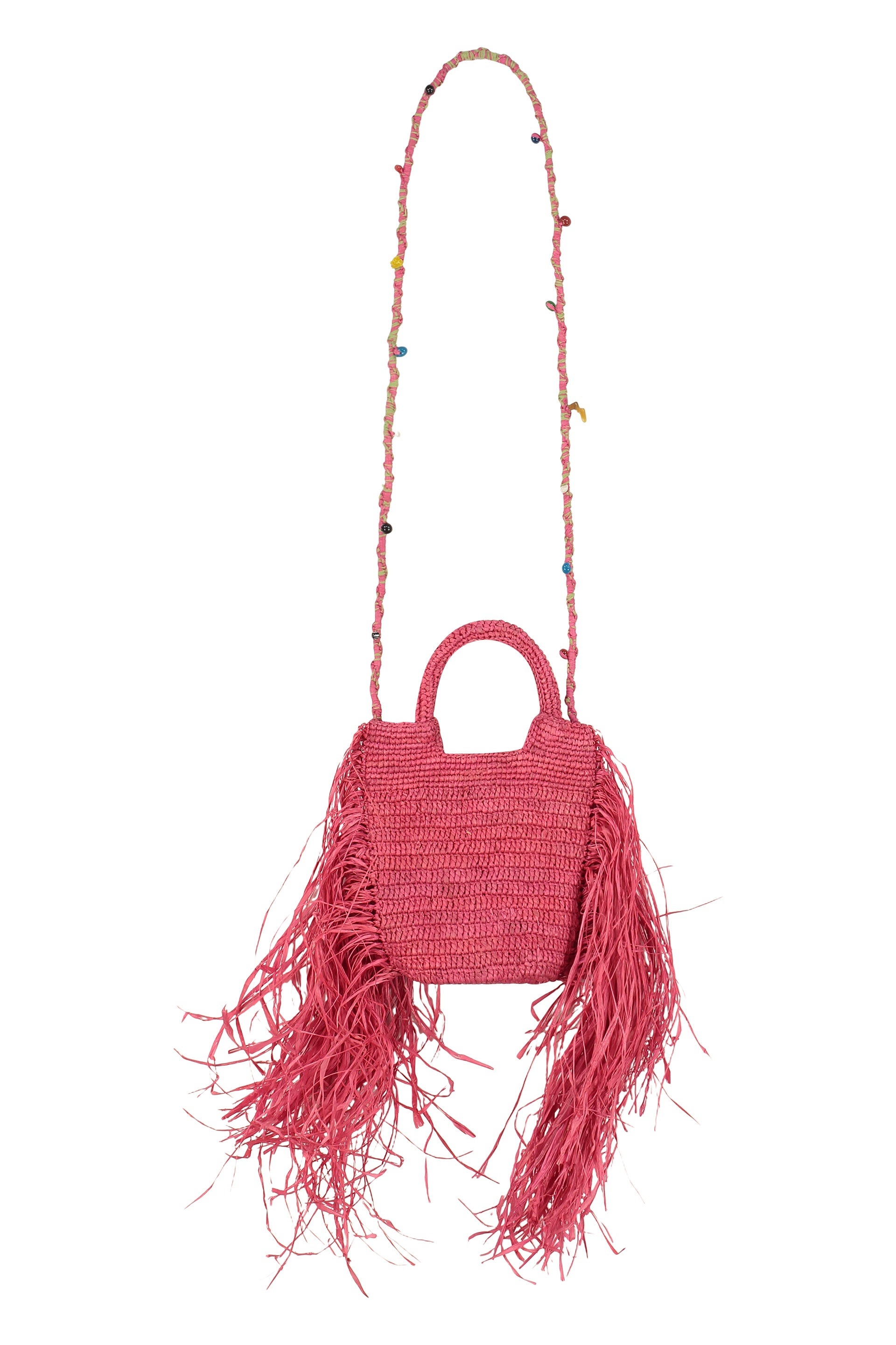 MADE FOR A WOMAN Woven Raffia Mini Handbag with Decorative Fringes