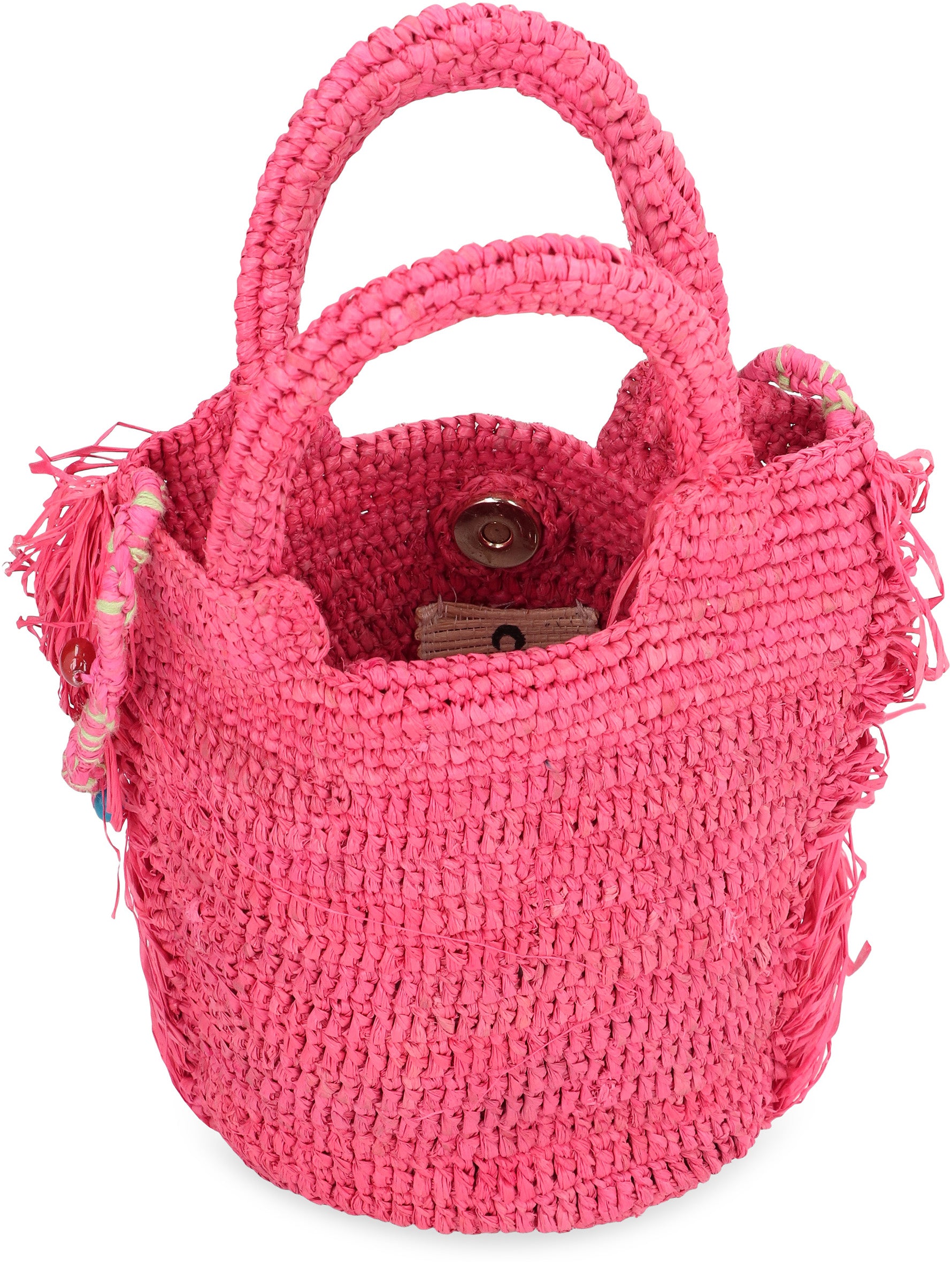 MADE FOR A WOMAN Woven Raffia Mini Handbag with Decorative Fringes