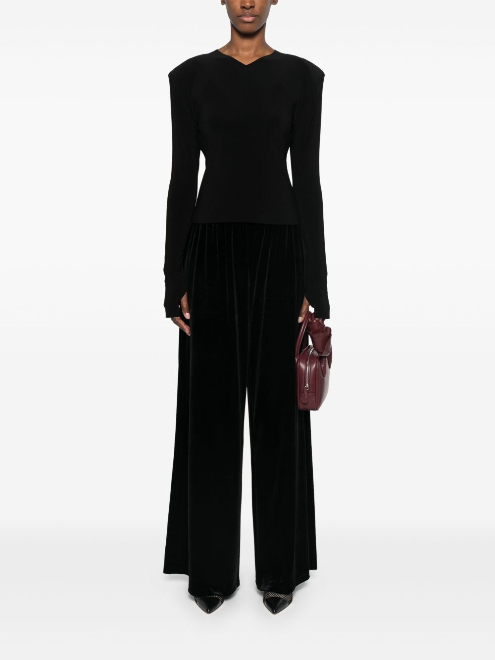 NORMA KAMALI V-Necked Long Sleeve Top with Shoulder Pads