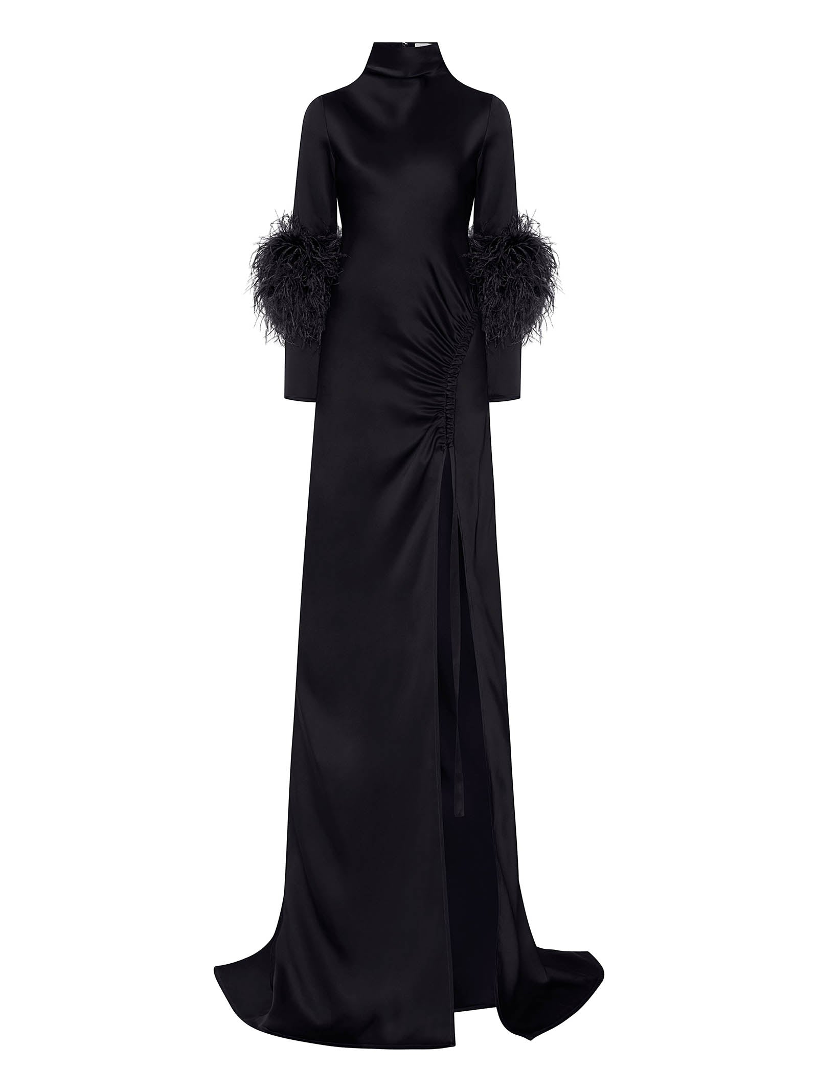 LAPOINTE Elegant High-Neck Dress with Feather Details and Side Slit