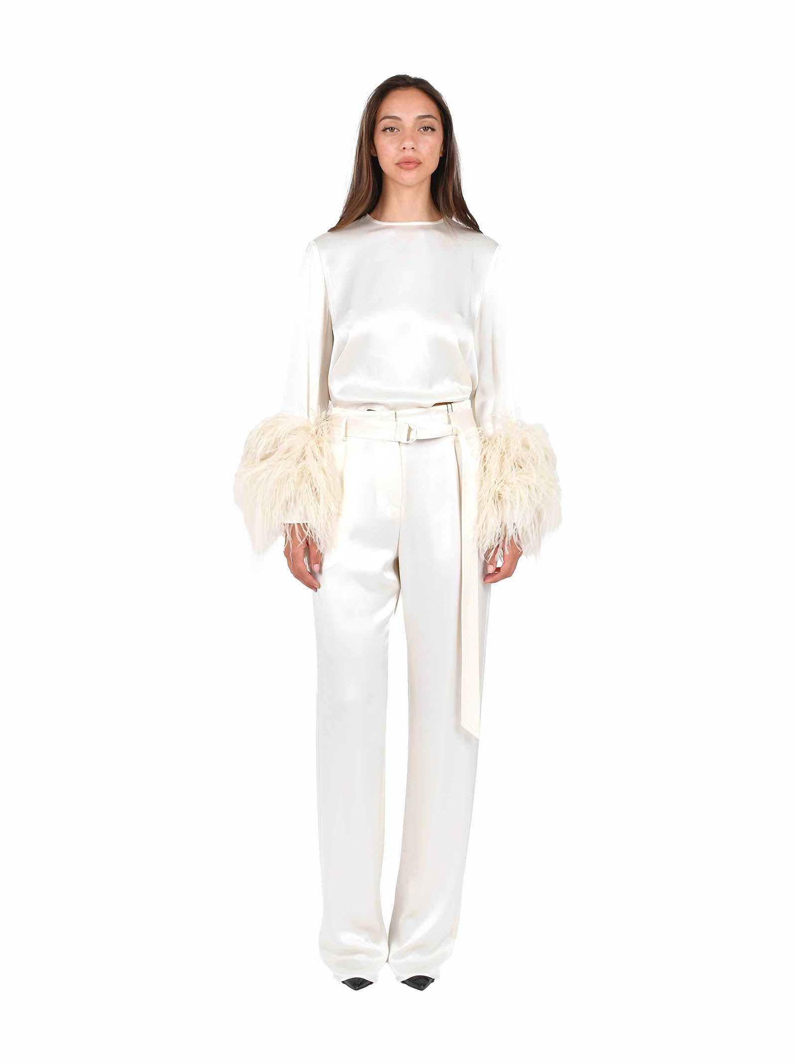 LAPOINTE Elegant Satin Top with Ostrich Feather Cuffs