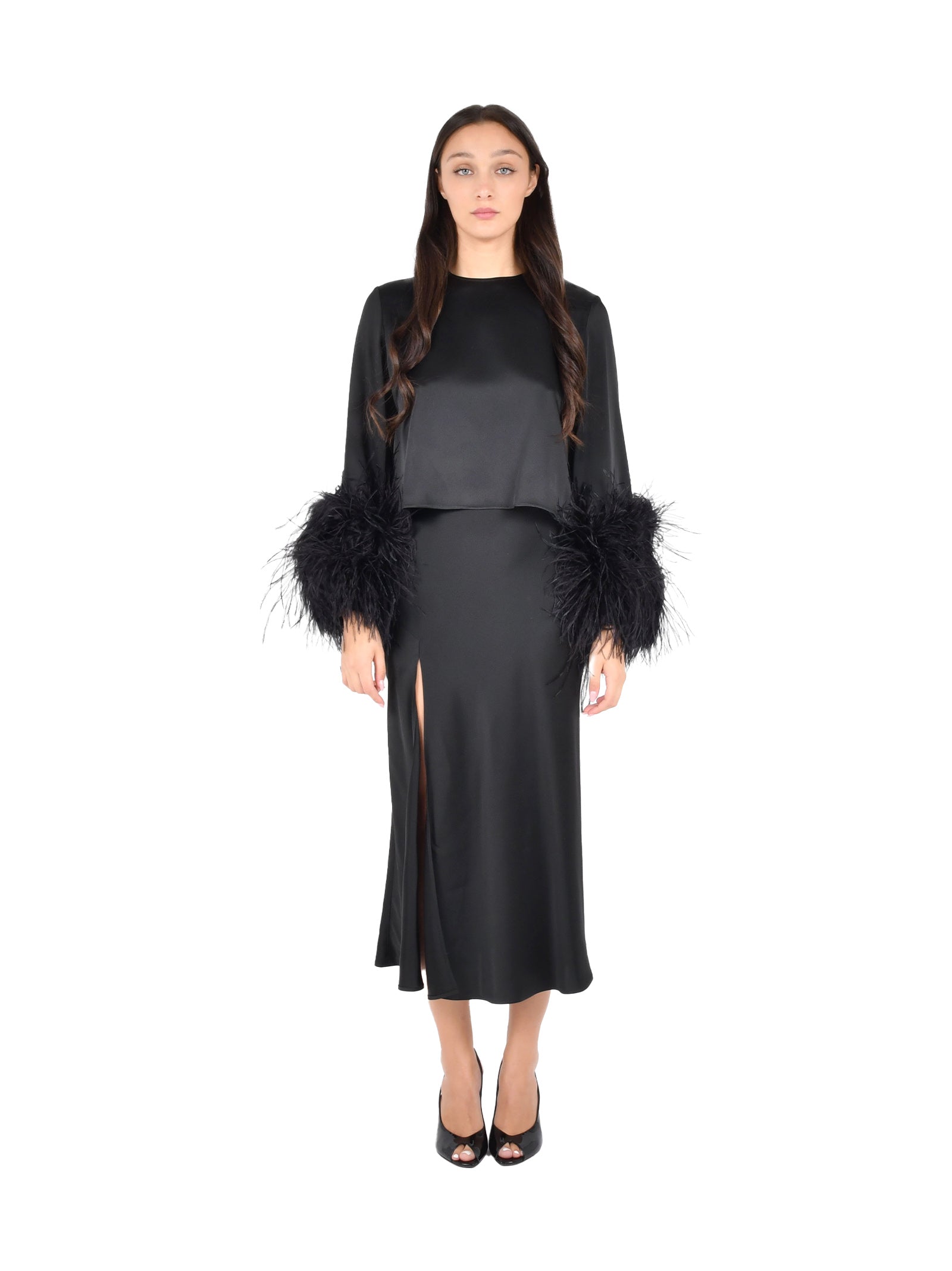 LAPOINTE Elegant Satin Top with Ostrich Feather Cuffs