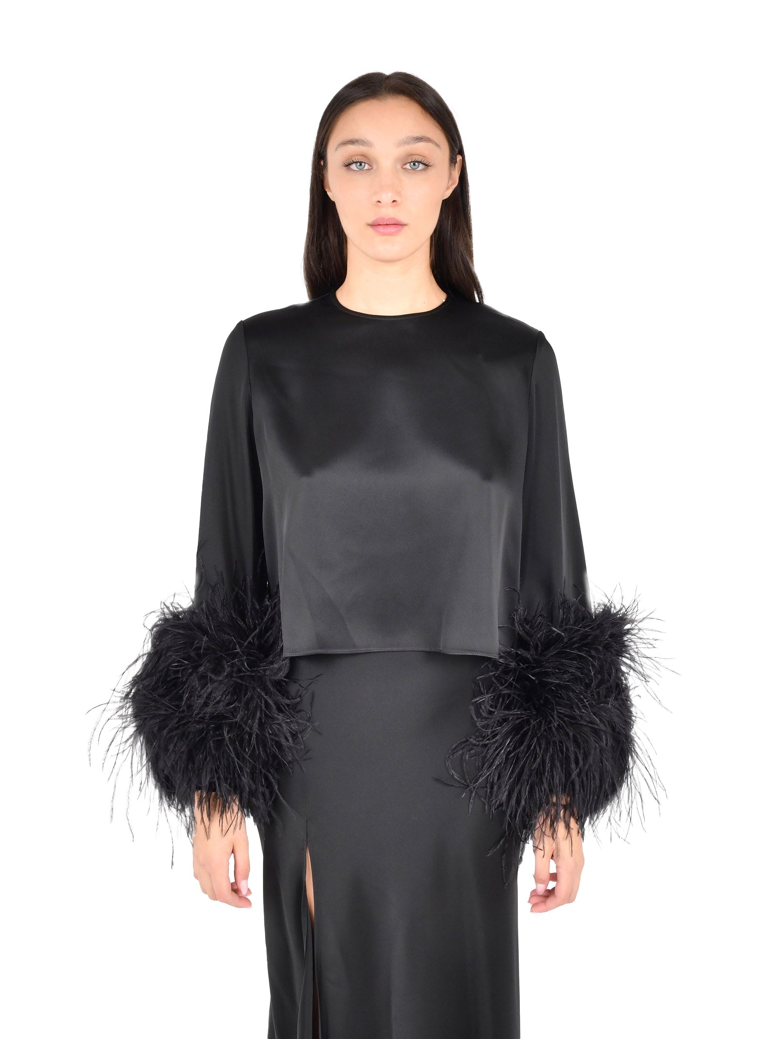 LAPOINTE Elegant Satin Top with Ostrich Feather Cuffs