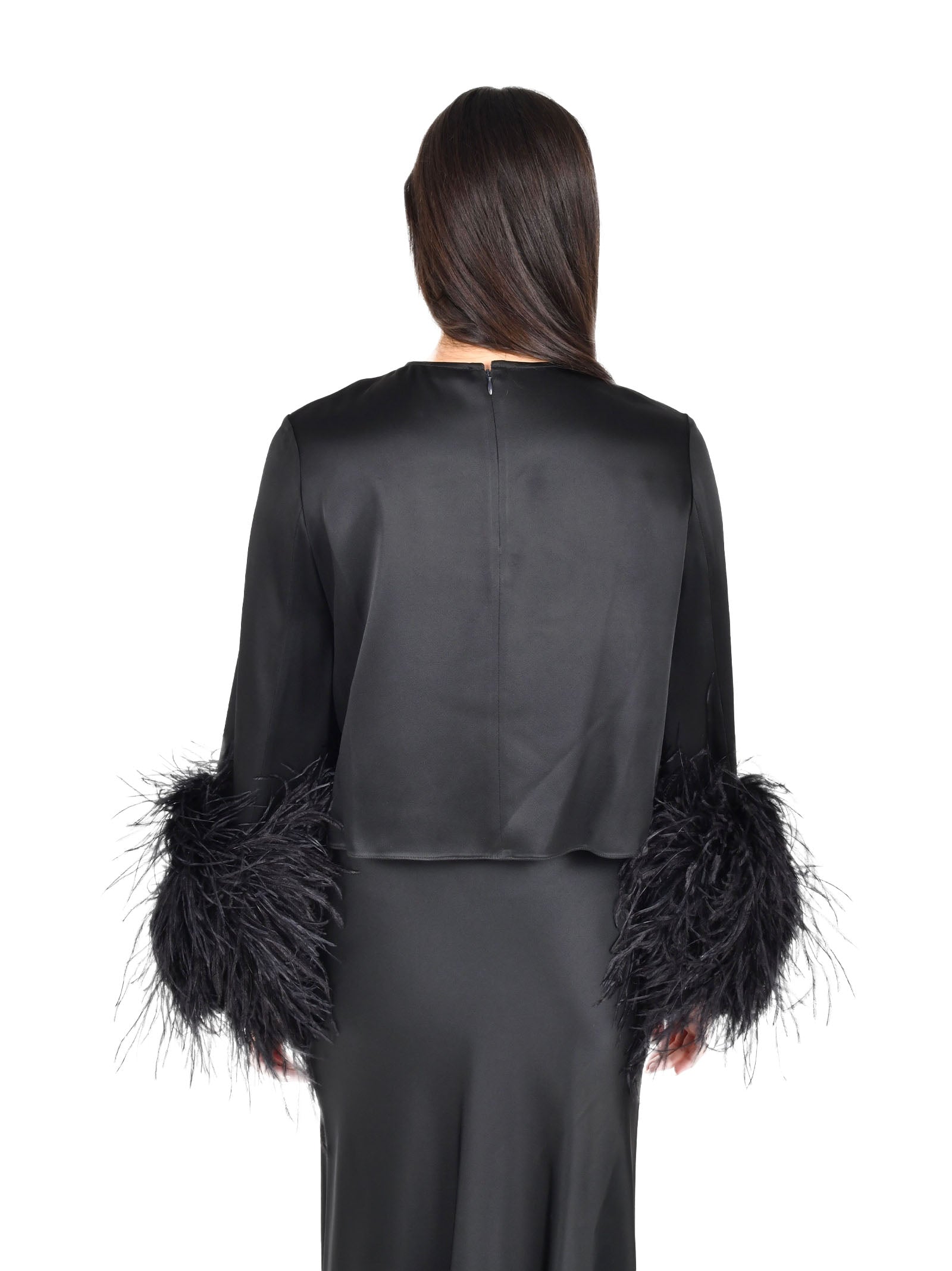 LAPOINTE Elegant Satin Top with Ostrich Feather Cuffs