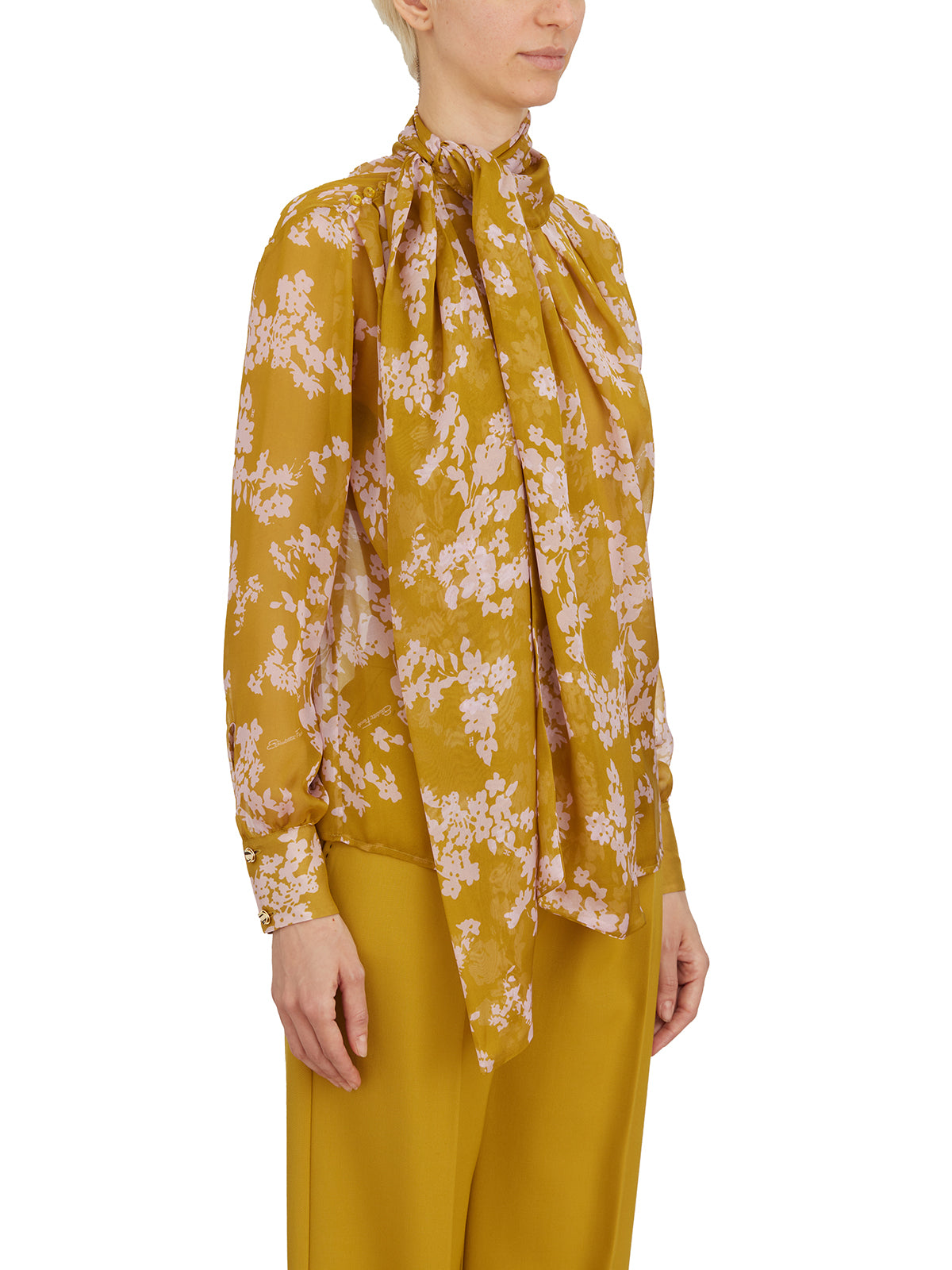ELISABETTA FRANCHI Floral Silk Shirt with Gold Button Details - Size 40