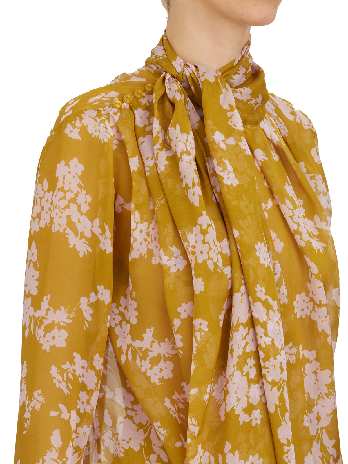 ELISABETTA FRANCHI Floral Silk Shirt with Gold Button Details - Size 40