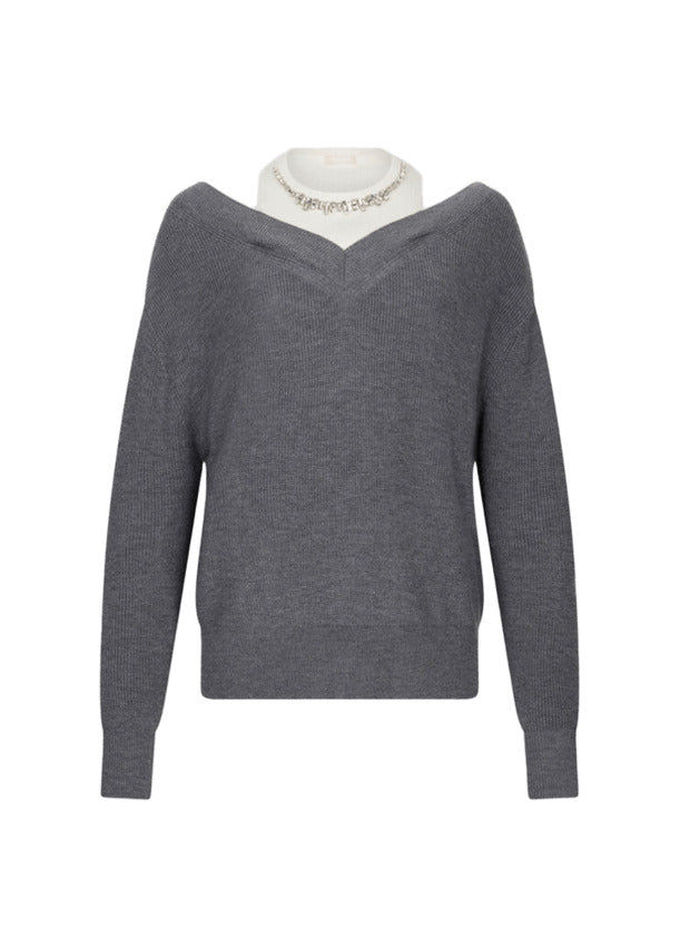 LIU JO WHITE Long Sleeve Jewel-Embroidered V-Neck Sweatshirt for Women