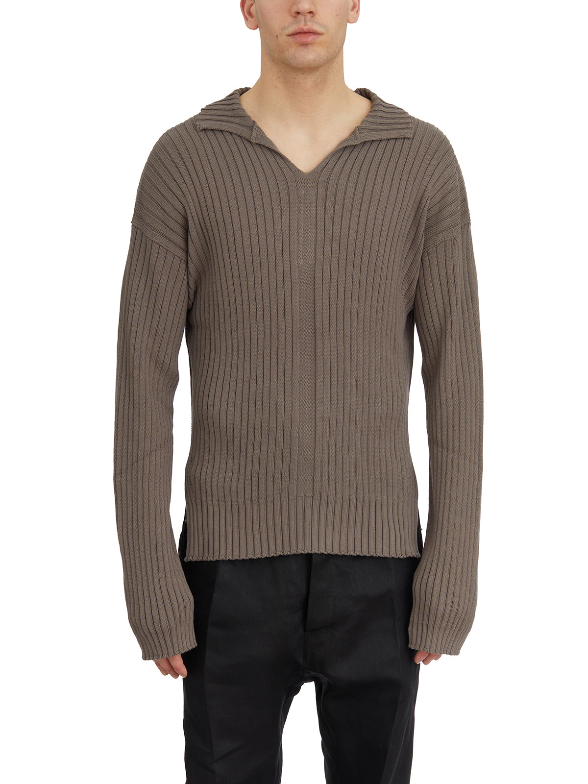 RICK OWENS Slim Fit Polo Neck V-Neck Sweater - Size M