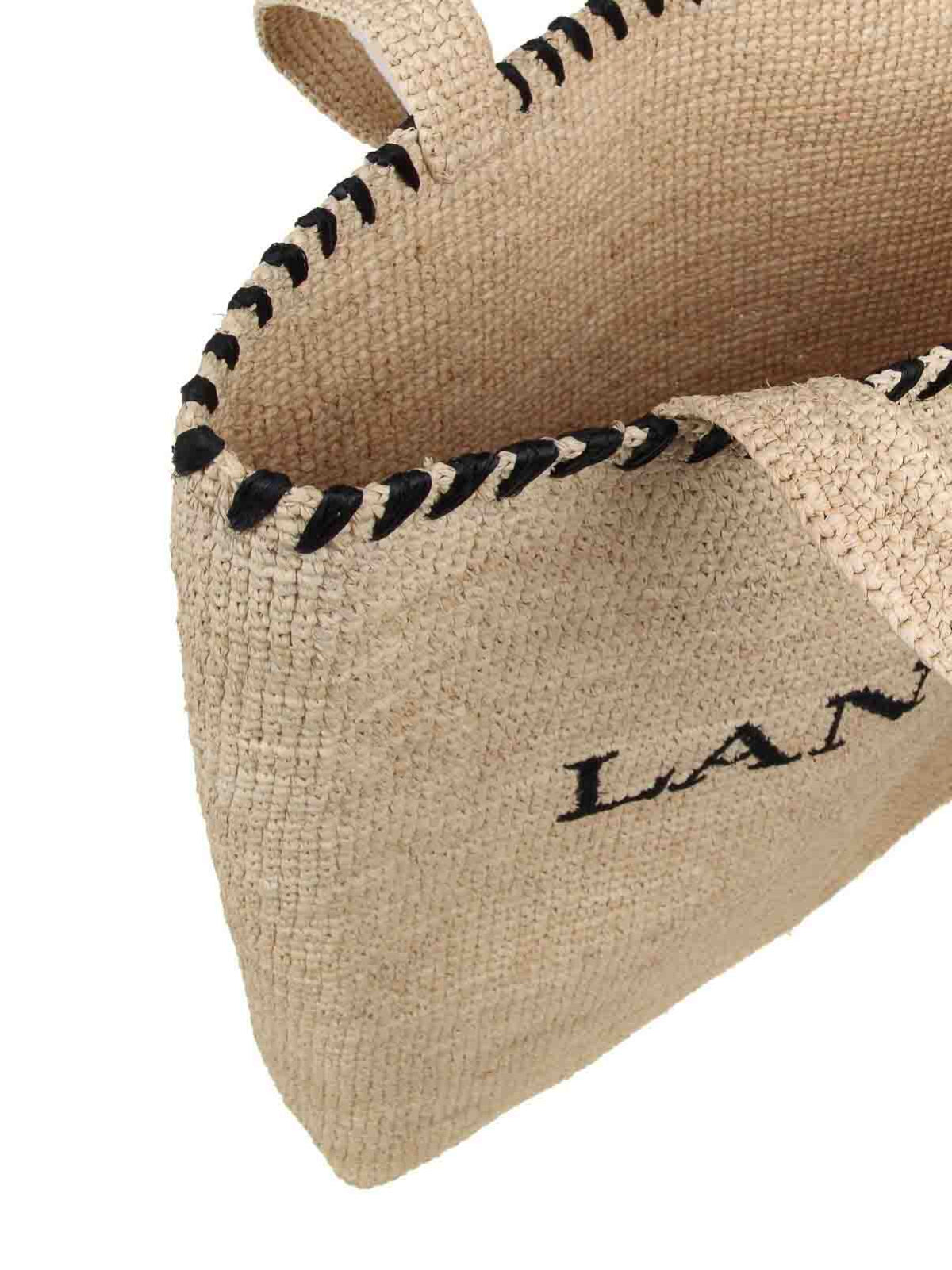 LANVIN Embroidered Logo Raffia Tote Handbag - 44x44x7 cm