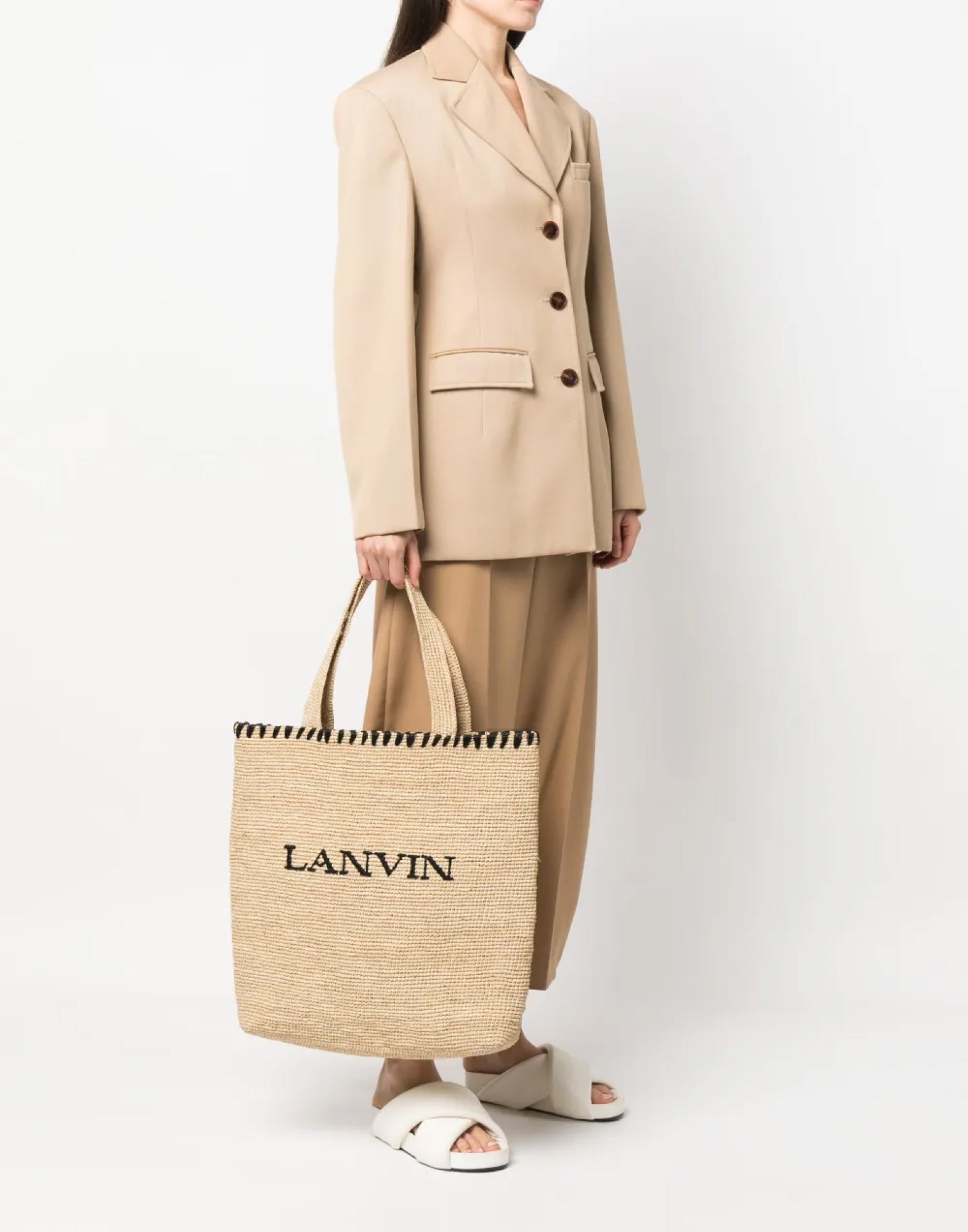LANVIN Embroidered Logo Raffia Tote Handbag - 44x44x7 cm