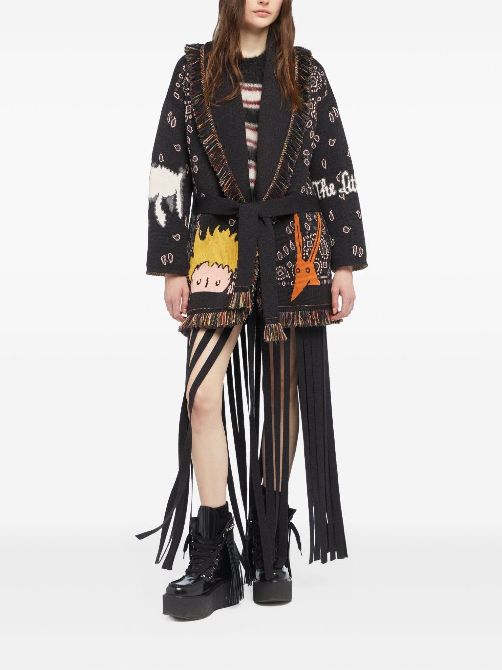 ALANUI Wool Cardigan with Little Prince Illustration and Scarf Collar