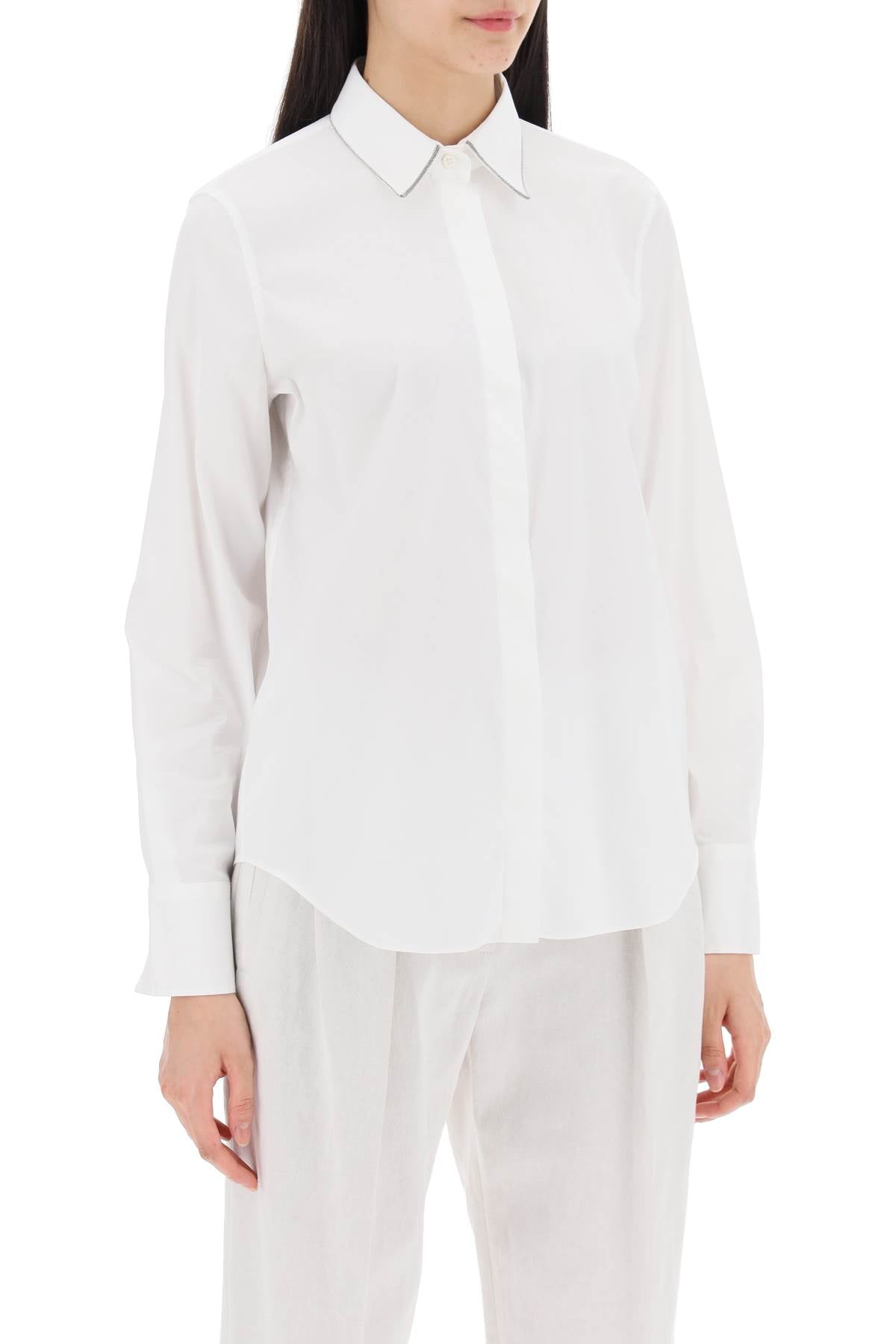 BRUNELLO CUCINELLI Cotton Poplin Shirt with Monili Trim at Collar for Women