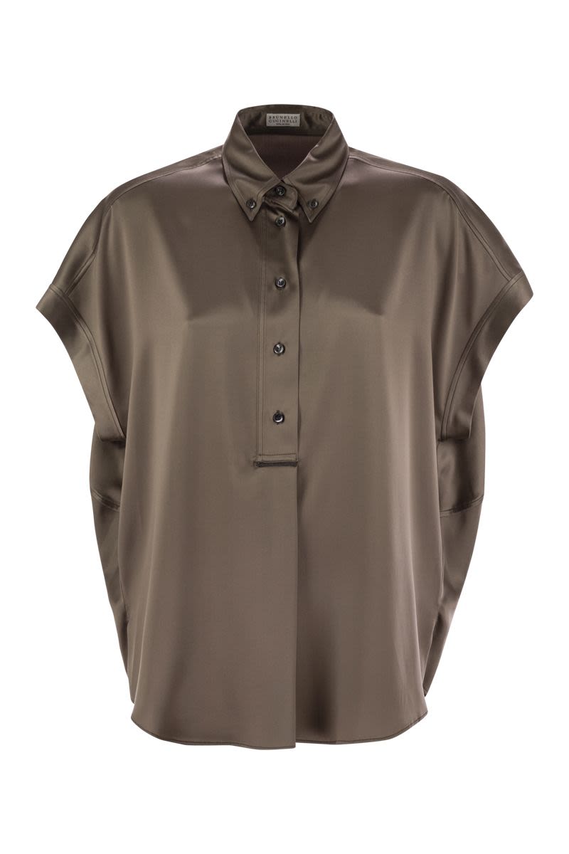 BRUNELLO CUCINELLI Stretch Silk Satin Short-Sleeved Shirt with Necklace