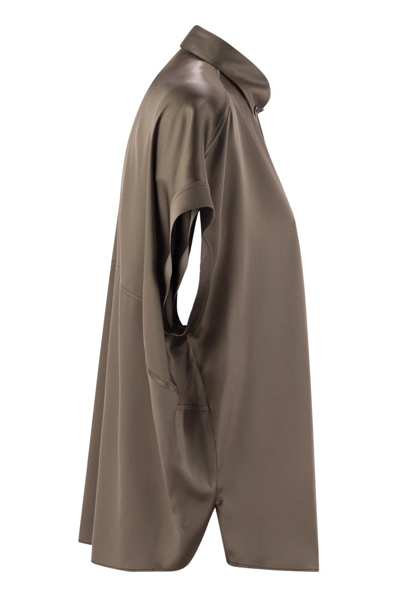 BRUNELLO CUCINELLI Stretch Silk Satin Short-Sleeved Shirt with Necklace