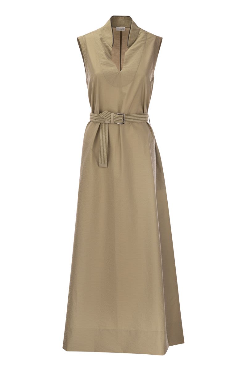 BRUNELLO CUCINELLI Techno Cotton Poplin Dress with Belt and Elegant Shoulder Detail