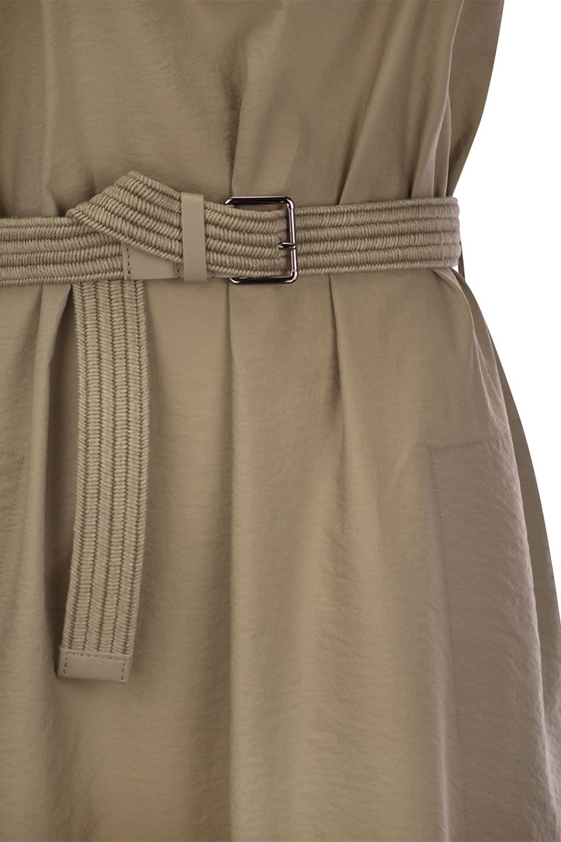 BRUNELLO CUCINELLI Techno Cotton Poplin Dress with Belt and Elegant Shoulder Detail