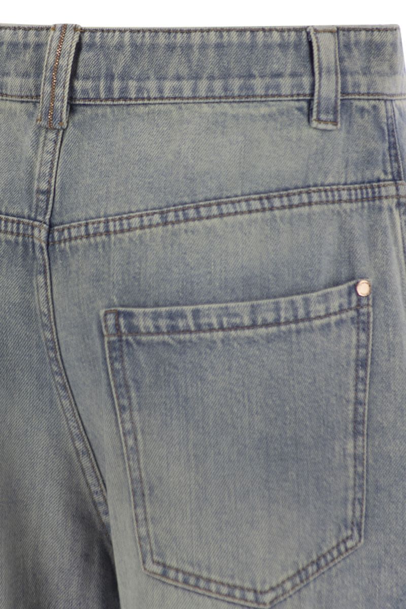 BRUNELLO CUCINELLI Soft Denim Low-Slung Trousers with Adjustable Waistband and Jewel Detail