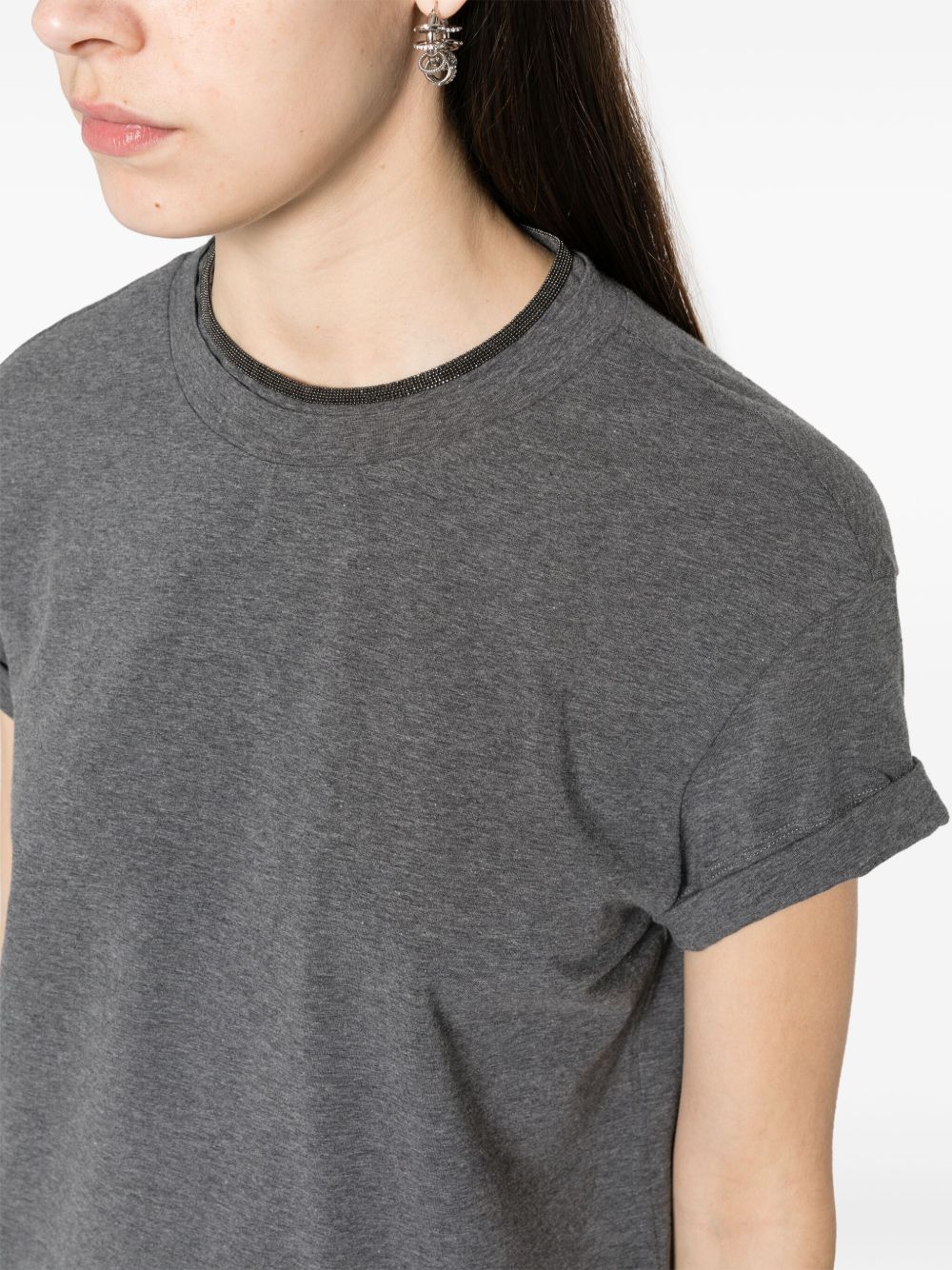 BRUNELLO CUCINELLI Soft Stretch-Cotton T-Shirt with Bead Detailing and Keyhole Back - Medium Size