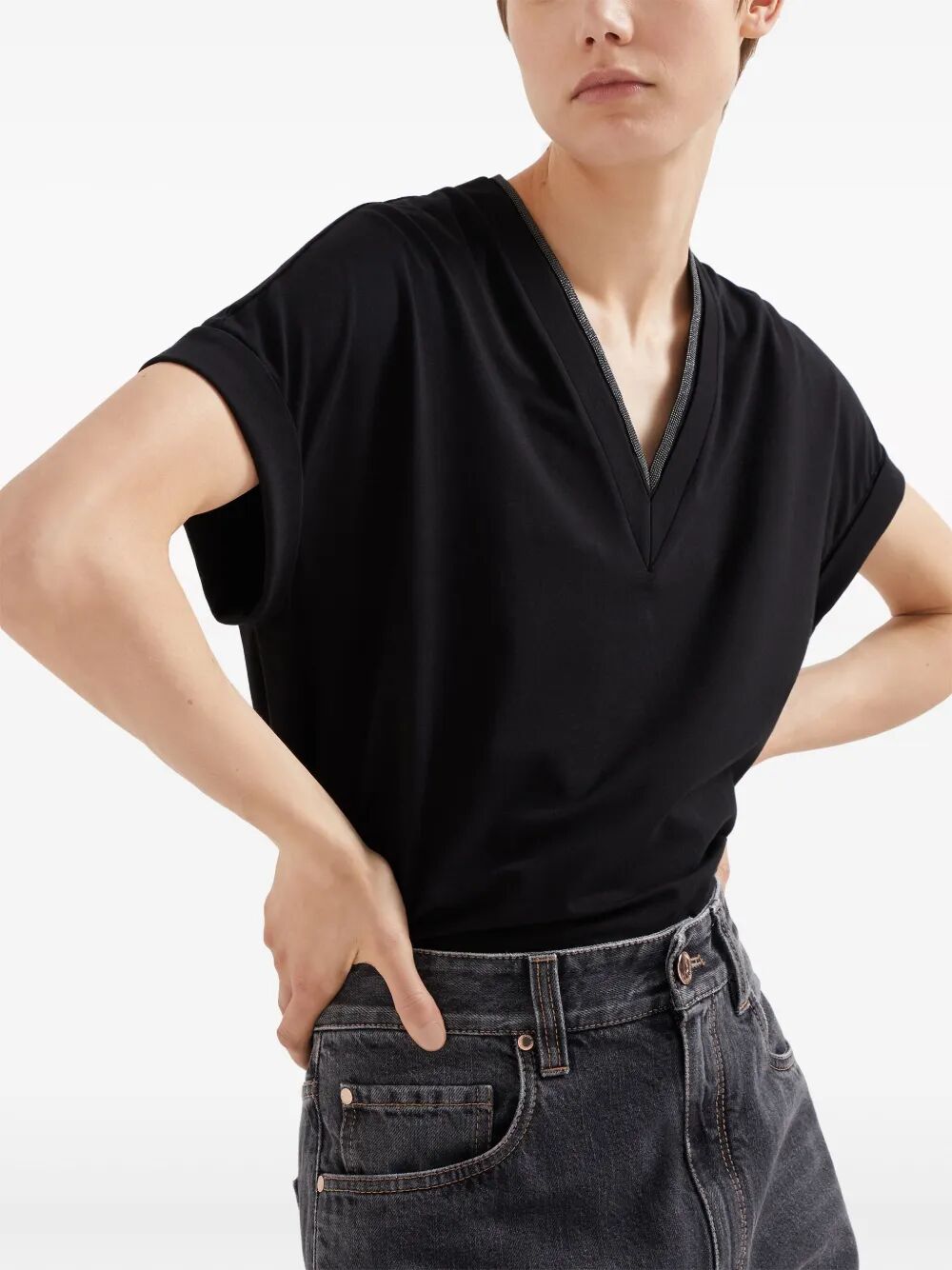 BRUNELLO CUCINELLI V-Neck Cotton T-Shirt with Monili Trim for Women