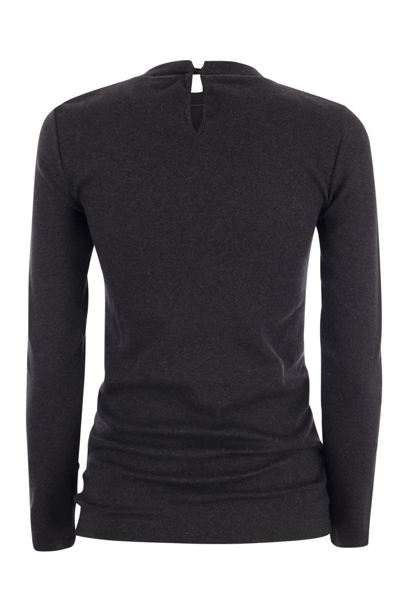 BRUNELLO CUCINELLI Ribbed Stretch Cotton T-Shirt with Embellished Collar for Women