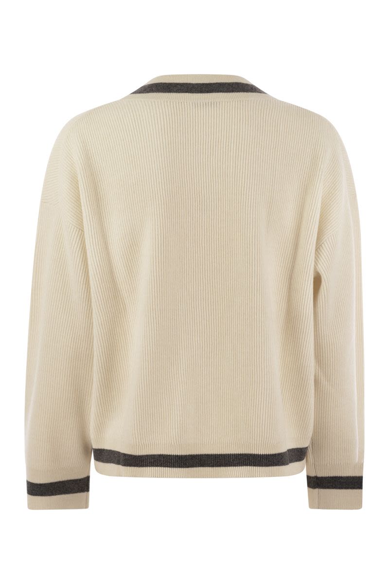 BRUNELLO CUCINELLI Ribbed Cashmere Sweater with Contrasting Stripe