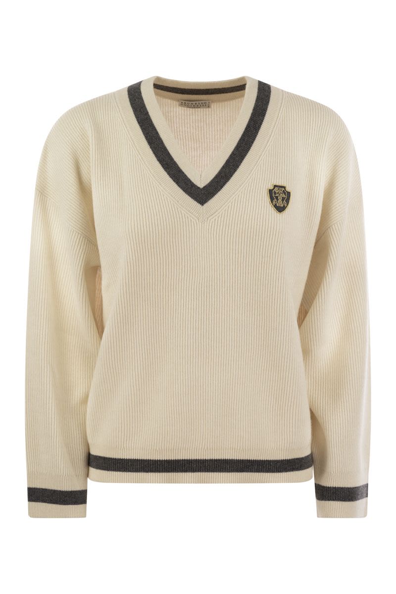 BRUNELLO CUCINELLI Ribbed Cashmere Sweater with Contrasting Stripe